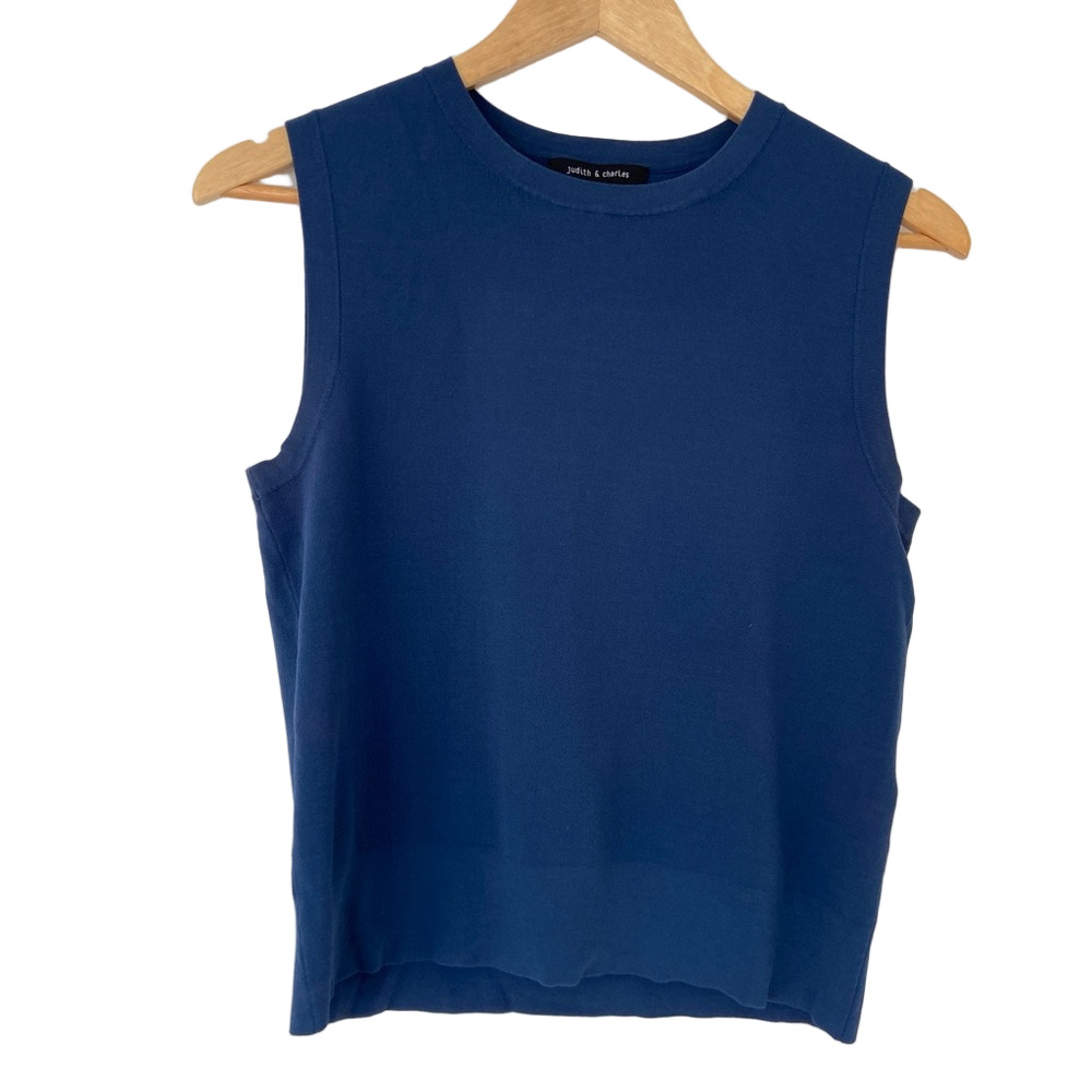 JUDITH & CHARLES BLUE RAYON BLEND SLEEVELESS KNIT SHELL TOP/BLOUSE, LARGE